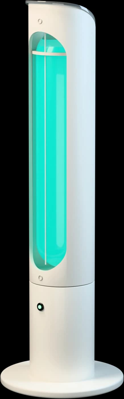 Arka Taru home unit, a white tower with a glowing column of microalgae